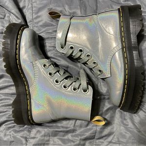 RARE Dr. Martens Vegan Molly Iridescent Holographic Silver Platform Boots Size 9